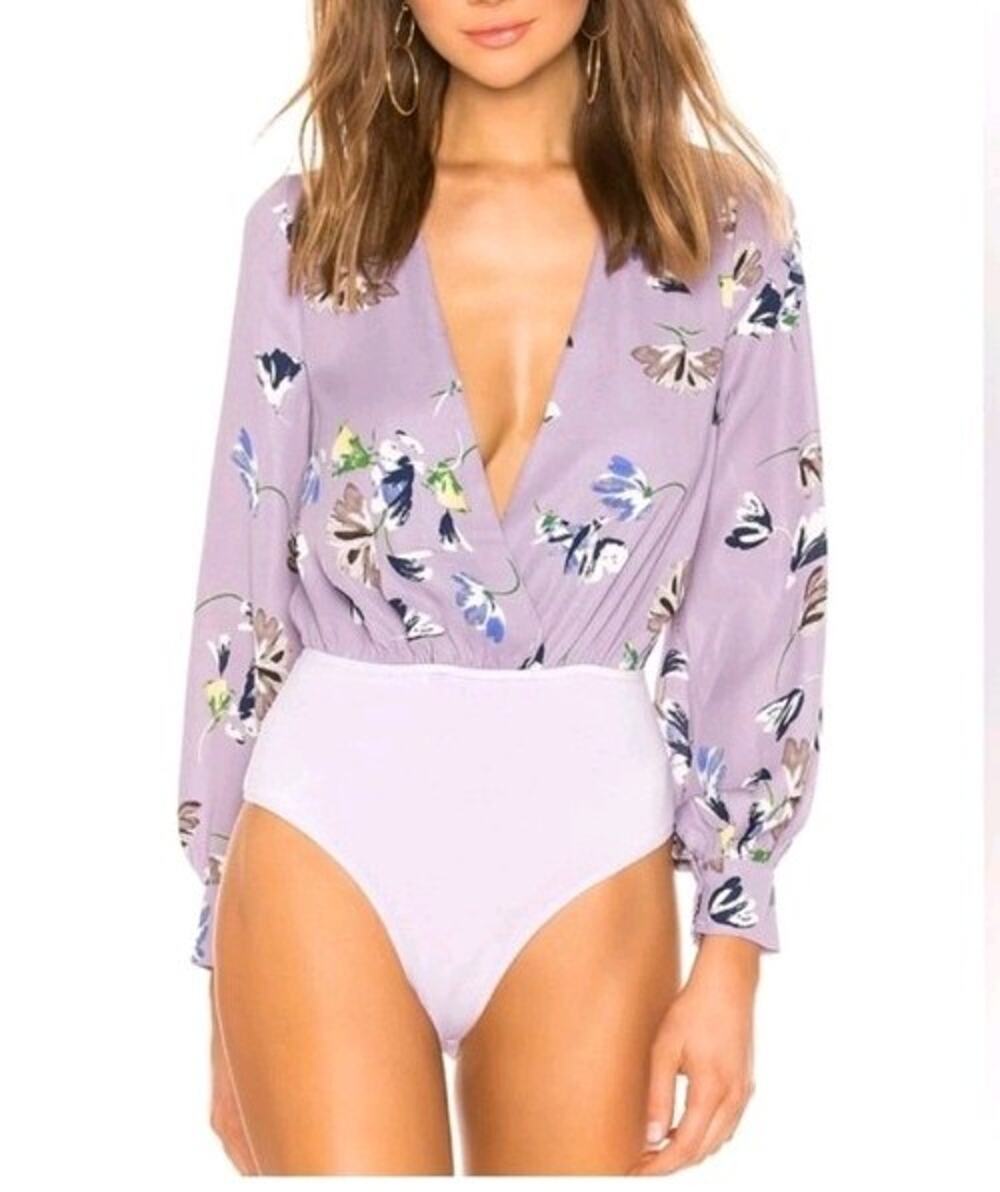 Superdown Aliza lavender purple yellow floral faux wrap bodysuit size Small